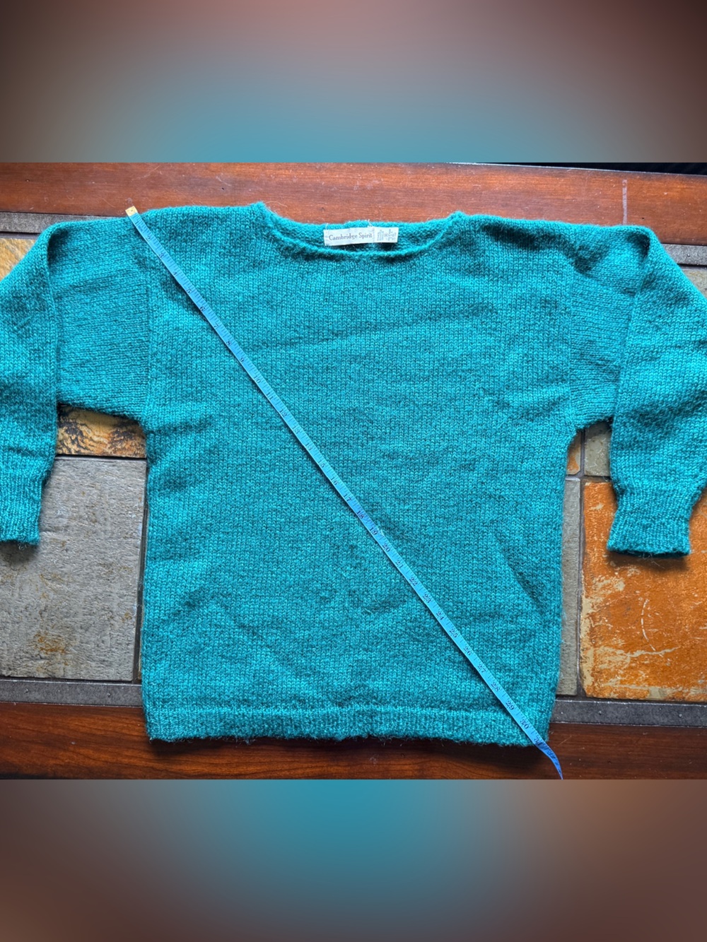 Cambridge spirit medium wool blend turquoise sweater preppy lounge cozy vintage